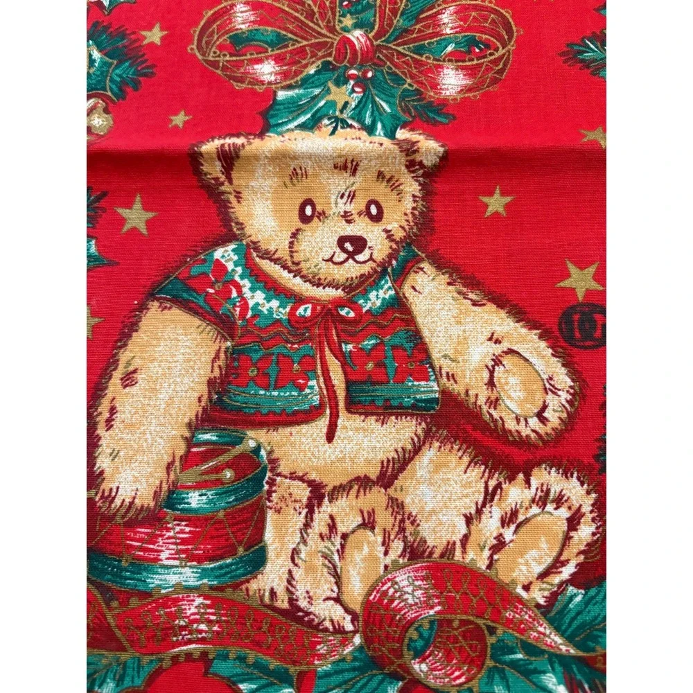 Christmas Teddy Bear Table Runner Red Green Holly  Stars Holiday Decor 14x34
